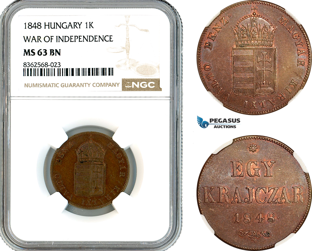 AK808, Hungary, 1 Krajczar 1848, War of Independence, NGC MS63BN