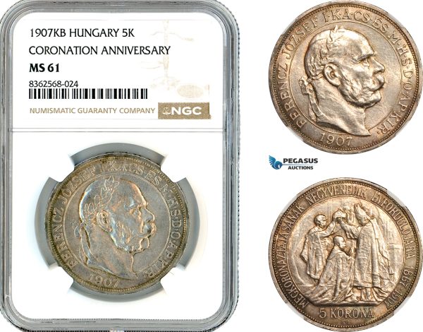 AK809, Hungary, Franz Joseph, 5 Korona 1907 KB, Kremnitz Mint, Coronation Anniversary, Silver, NGC MS61