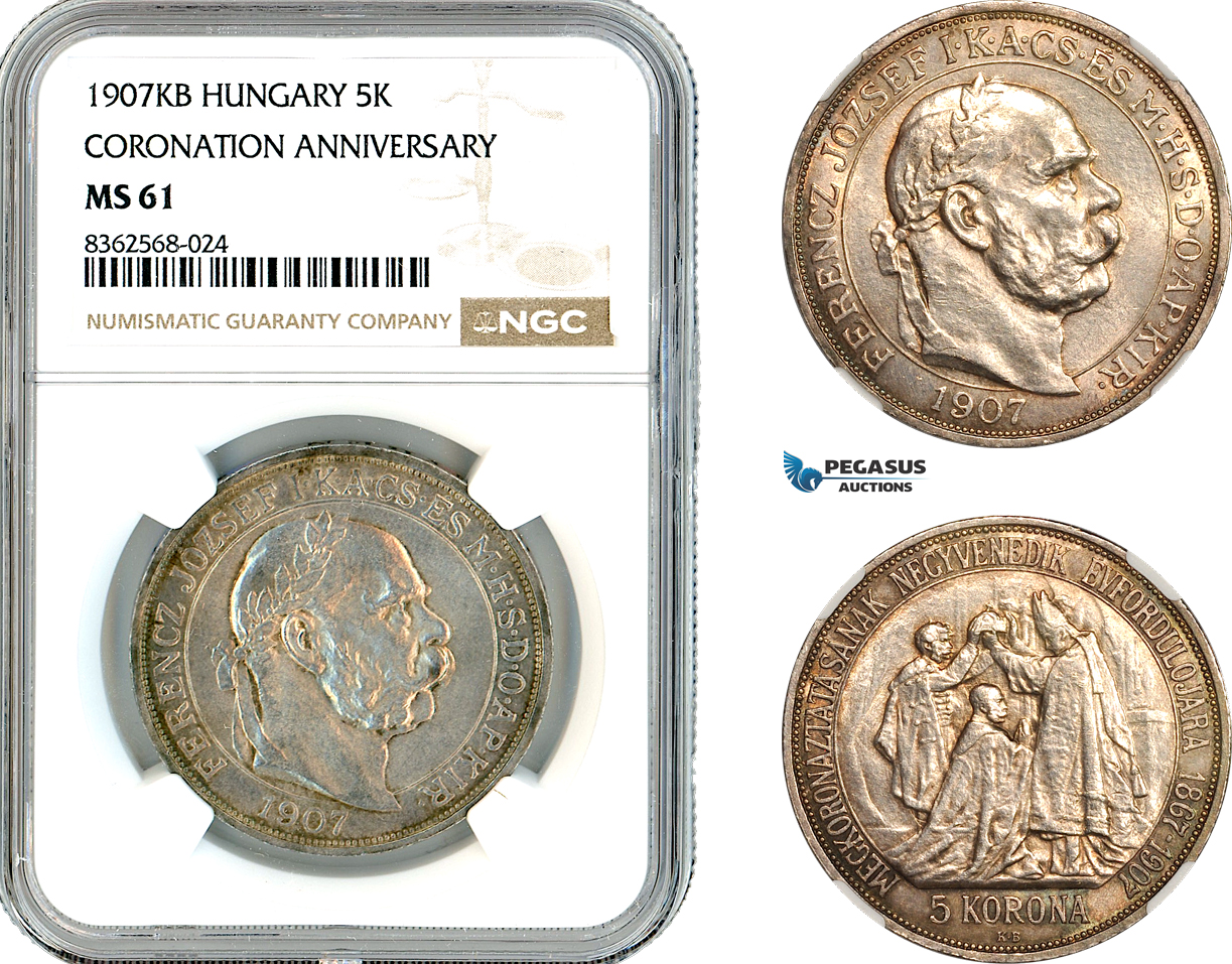 AK809, Hungary, Franz Joseph, 5 Korona 1907 KB, Kremnitz Mint, Coronation Anniversary, Silver, NGC MS61