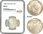 AK810, Philippines, Spanish Administration, Alfonso XII, 50 Centimos 1885, Silver, NGC MS62
