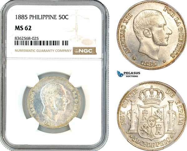 AK810, Philippines, Spanish Administration, Alfonso XII, 50 Centimos 1885, Silver, NGC MS62