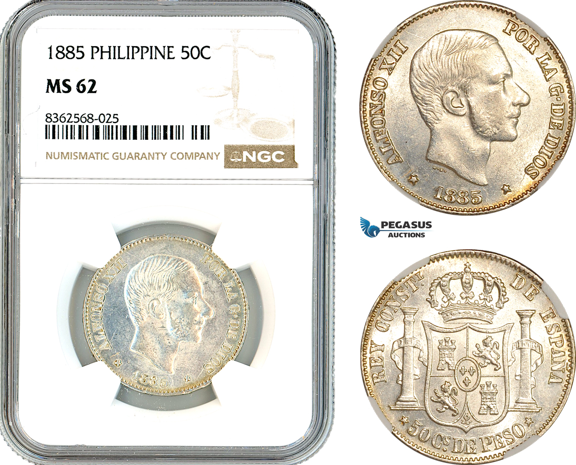 AK810, Philippines, Spanish Administration, Alfonso XII, 50 Centimos 1885, Silver, NGC MS62