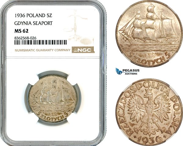 AK811, Poland, 5 Zlotych 1936, Gdynia Seaport, Silver, NGC MS62