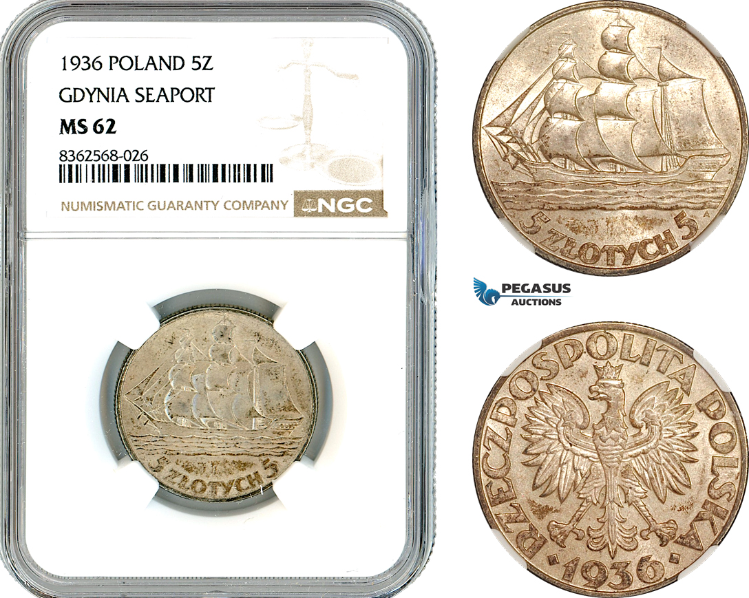 AK811, Poland, 5 Zlotych 1936, Gdynia Seaport, Silver, NGC MS62