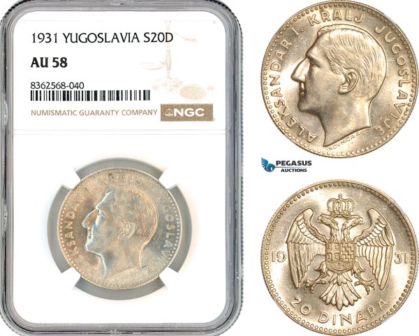 AK818, Yugoslavia, Alexander I, 20 Dinara 1931, Belgrade Mint, Silver, NGC AU58