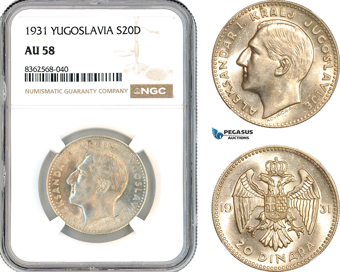 AK818, Yugoslavia, Alexander I, 20 Dinara 1931, Belgrade Mint, Silver, NGC AU58