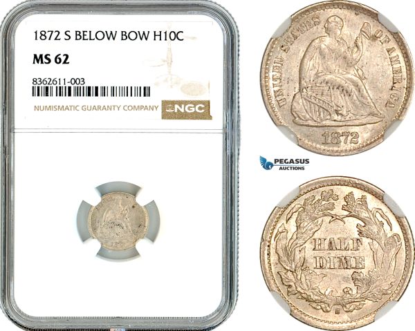 AK825, United States, Seated Liberty Half Dime 1872 S, San Francisco Mint, Silver, Mint mark below bow, NGC MS62