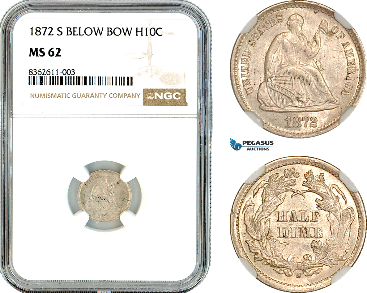 AK825, United States, Seated Liberty Half Dime 1872 S, San Francisco Mint, Silver, Mint mark below bow, NGC MS62