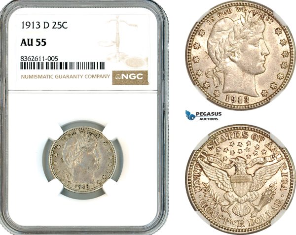 AK826, United States, Barber Quarter Dollar (25C) 1913 D, Denver Mint, Silver, NGC AU55