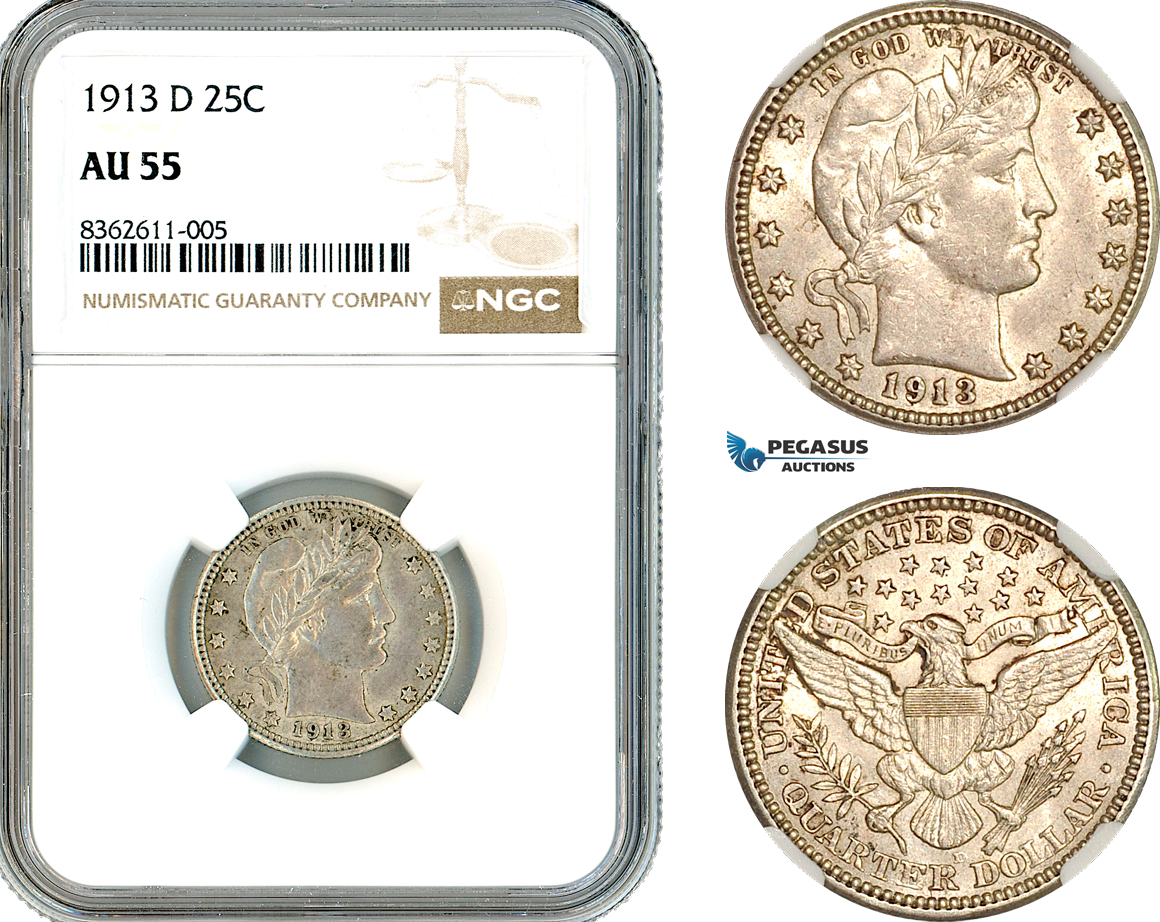 AK826, United States, Barber Quarter Dollar (25C) 1913 D, Denver Mint, Silver, NGC AU55