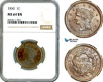 AK831, United States, Liberty Head Cent 1850, Philadelphia Mint, NGC MS64BN