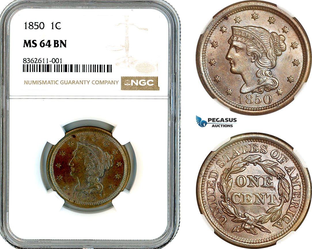 AK831, United States, Liberty Head Cent 1850, Philadelphia Mint, NGC MS64BN