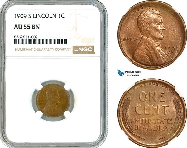 AK832, United States, Lincoln Cent 1909 S, San Francisco Mint, NGC AU55BN