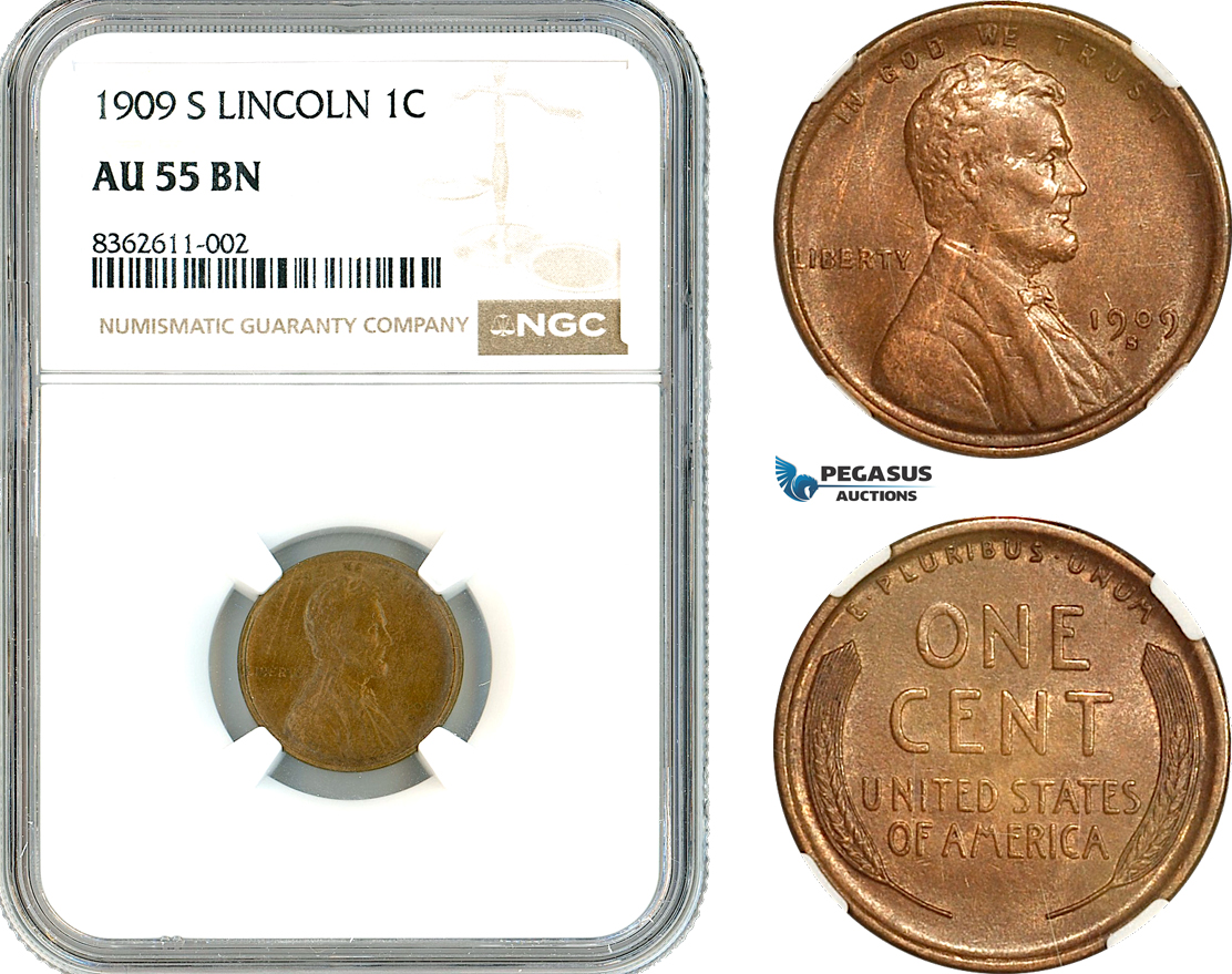 AK832, United States, Lincoln Cent 1909 S, San Francisco Mint, NGC AU55BN