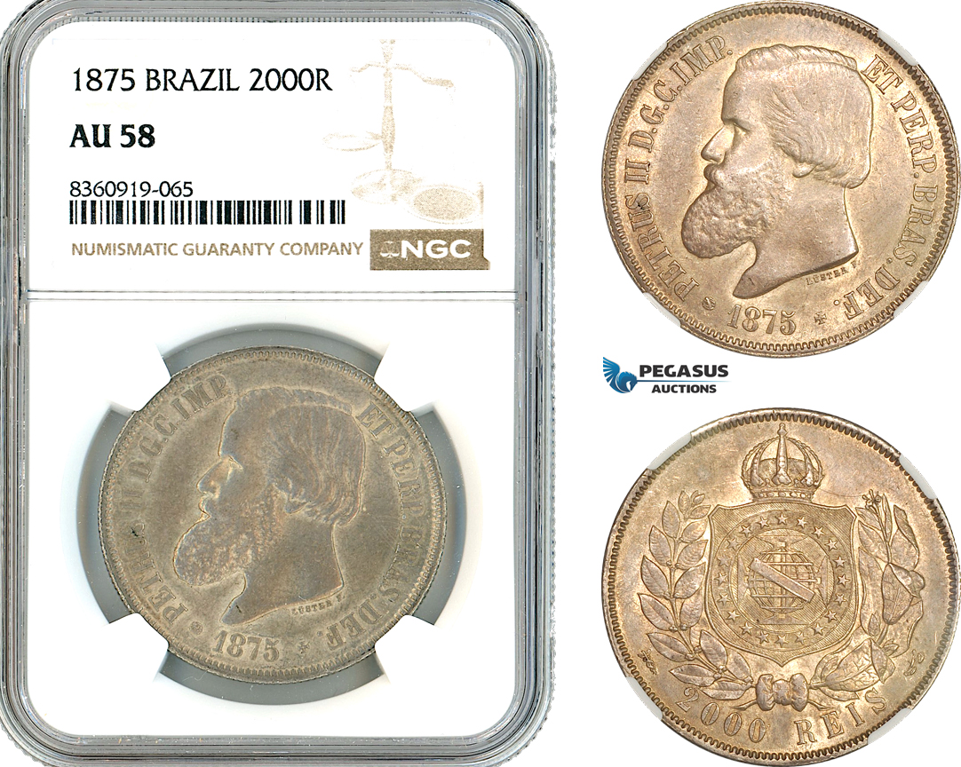 AK834, Brazil, Pedro II, 2000 Reis 1875, Rio de Janeiro Mint, Silver, NGC AU58