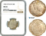 AK837, Ceylon, Sri Lanka, Edward VII, 50 Cents 1902, London Mint, Silver, NGC MS65, Top Pop! 1/0