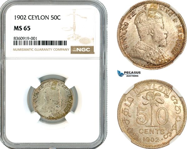 AK837, Ceylon, Sri Lanka, Edward VII, 50 Cents 1902, London Mint, Silver, NGC MS65, Top Pop! 1/0