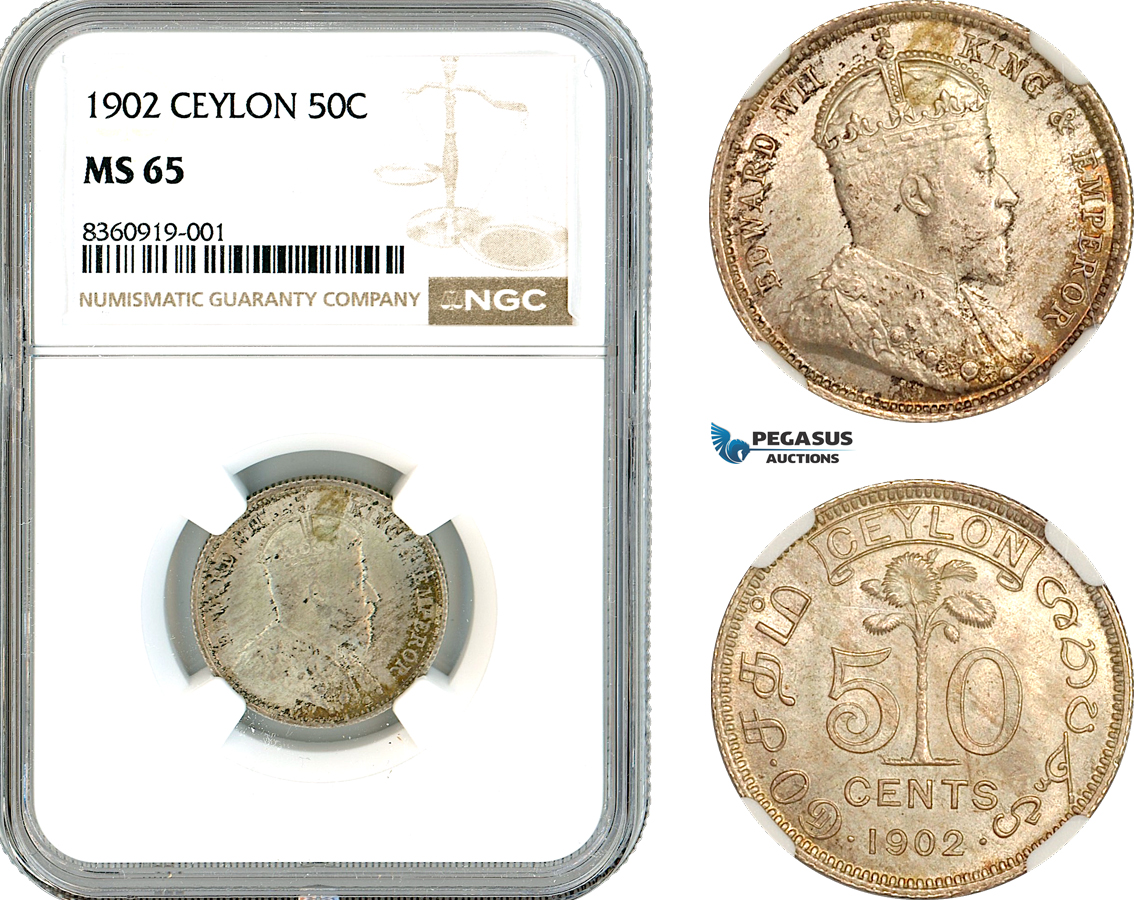 AK837, Ceylon, Sri Lanka, Edward VII, 50 Cents 1902, London Mint, Silver, NGC MS65, Top Pop! 1/0