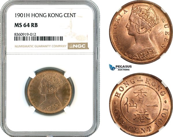 AK841, Hong Kong, Victoria, 1 Cent 1901 H, Heaton Mint, NGC MS64RB