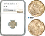 AK842, Hong Kong, Victoria, 5 Cents 1899, London Mint, Silver, NGC MS66