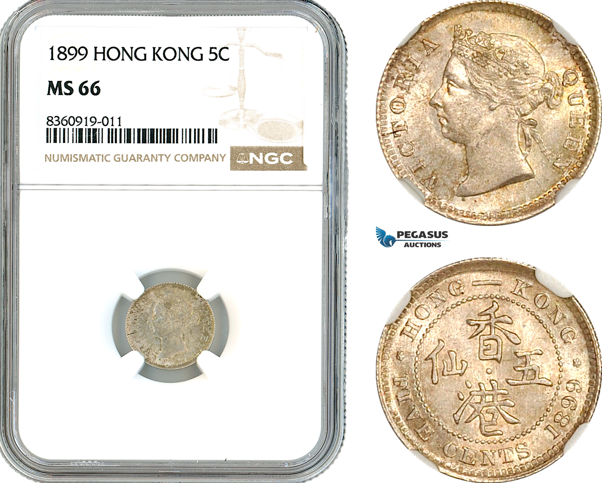 AK842, Hong Kong, Victoria, 5 Cents 1899, London Mint, Silver, NGC MS66