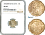 AK843, Hong Kong, Victoria, 10 Cents 1890/80, London Mint, Silver, NGC MS63, Top Pop! 1/0