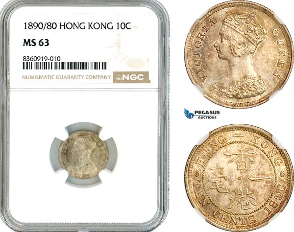 AK843, Hong Kong, Victoria, 10 Cents 1890/80, London Mint, Silver, NGC MS63, Top Pop! 1/0