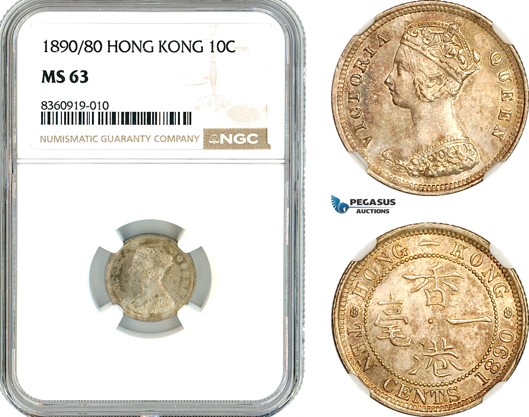 AK843, Hong Kong, Victoria, 10 Cents 1890/80, London Mint, Silver, NGC MS63, Top Pop! 1/0