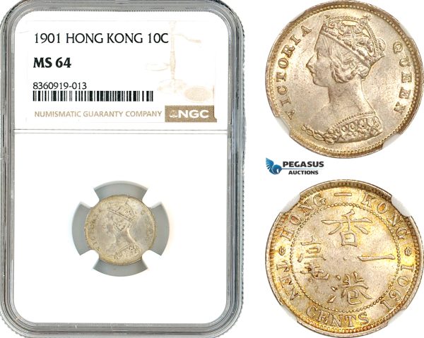 AK844, Hong Kong, Victoria, 10 Cents 1901, London Mint, Silver, NGC MS64