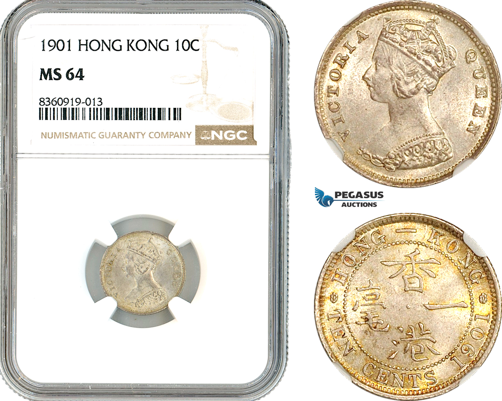 AK844, Hong Kong, Victoria, 10 Cents 1901, London Mint, Silver, NGC MS64