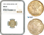 AK845, Hong Kong, Victoria, 10 Cents 1901, London Mint, Silver, NGC MS64