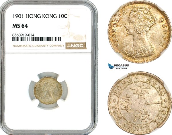 AK845, Hong Kong, Victoria, 10 Cents 1901, London Mint, Silver, NGC MS64