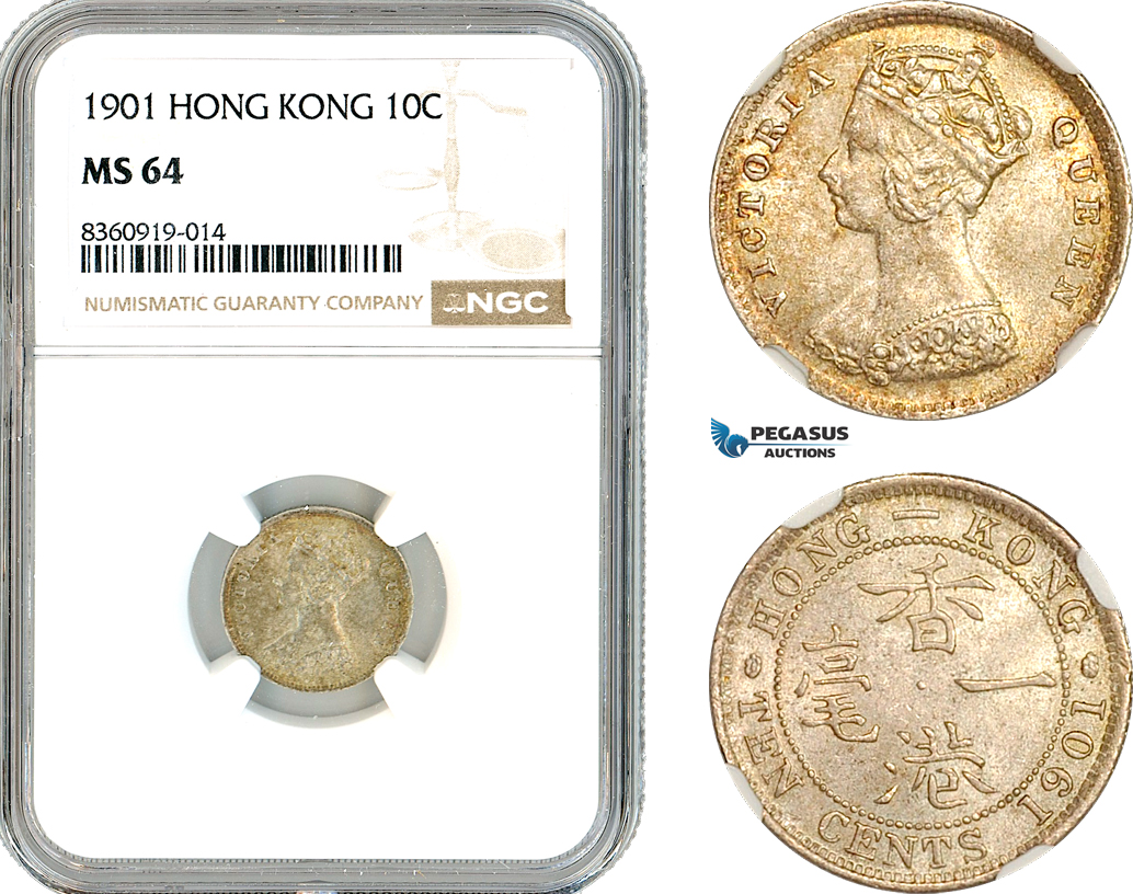 AK845, Hong Kong, Victoria, 10 Cents 1901, London Mint, Silver, NGC MS64