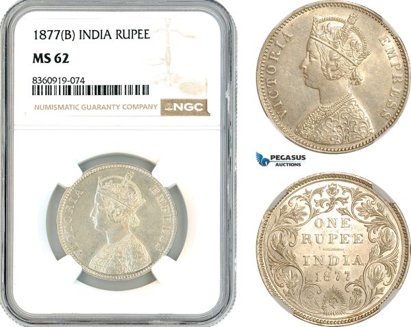AK846, India, Victoria, 1 Rupee 1877 B, Bombay Mint, Silver, NGC MS62