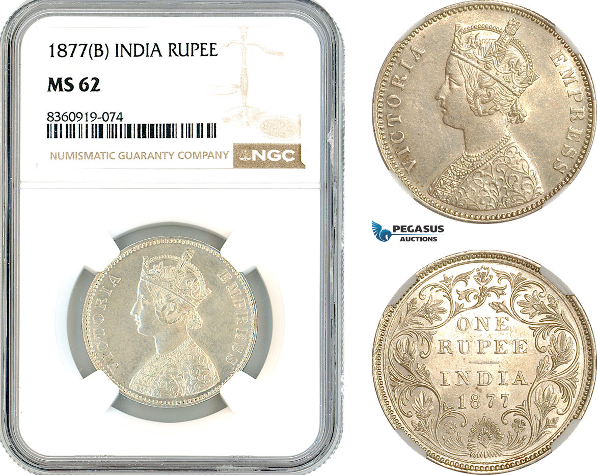 AK846, India, Victoria, 1 Rupee 1877 B, Bombay Mint, Silver, NGC MS62