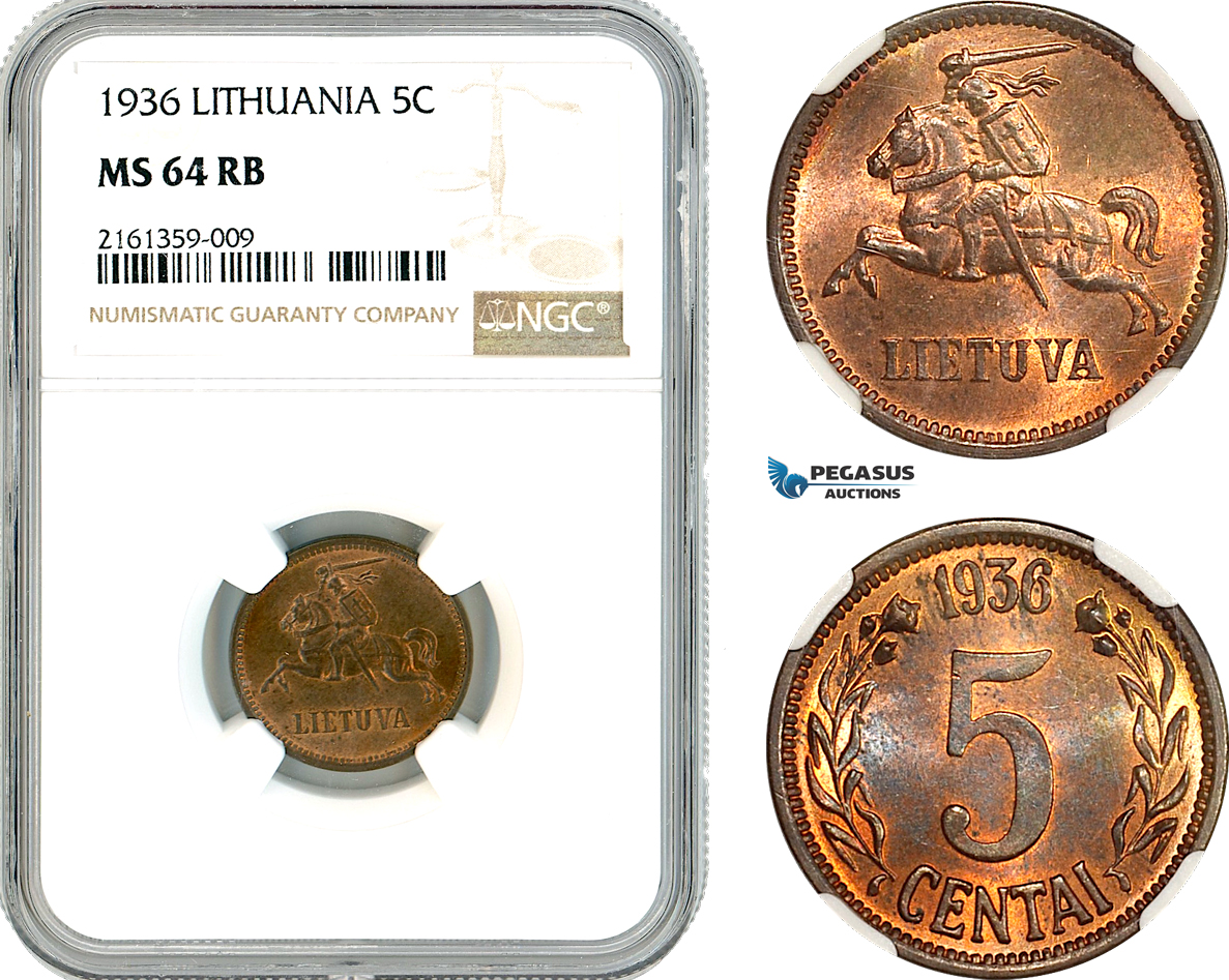 AK849, Lithuania, 5 Centai 1936, NGC MS64RB