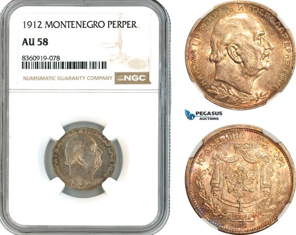 AK850, Montenegro, Nicholas I, 1 Perper 1912, Vienna Mint, Silver, NGC AU58