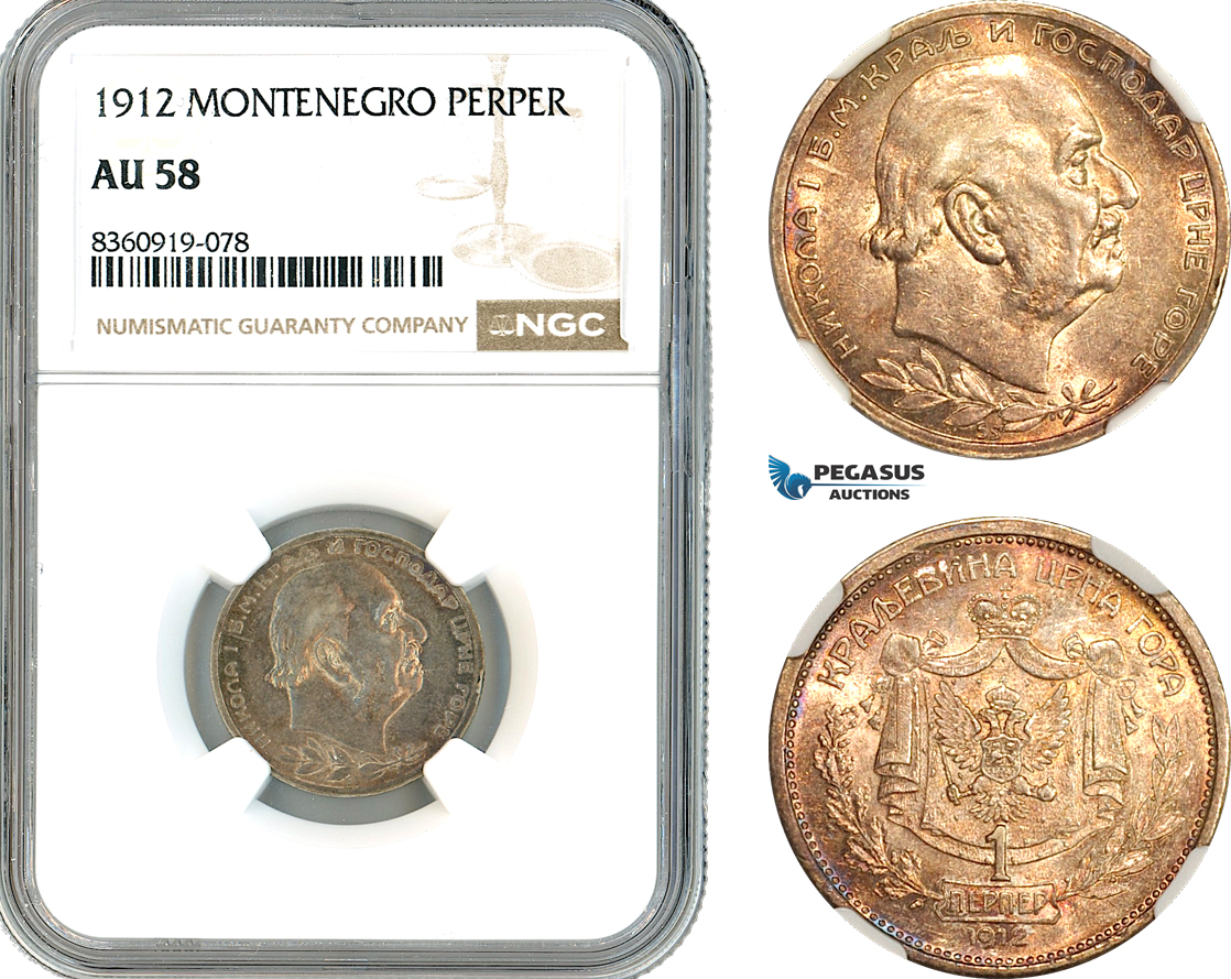 AK850, Montenegro, Nicholas I, 1 Perper 1912, Vienna Mint, Silver, NGC AU58