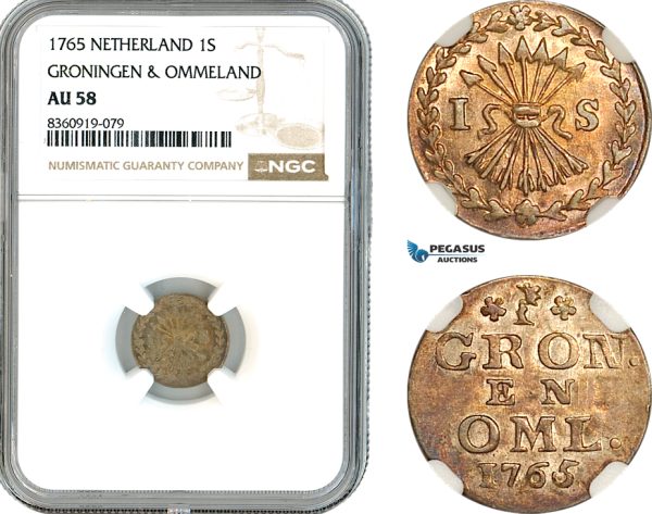 AK851, Netherlands, Groningen & Ommelanden, 1 Stuiver 1765, Harderwijk Mint, Silver, NGC AU58