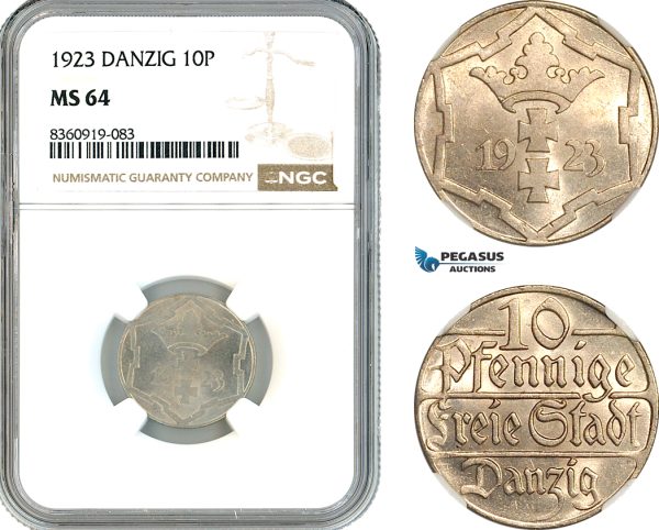 AK852, Poland, Danzig, 10 Pfennige 1923, NGC MS64