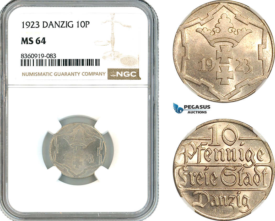 AK852, Poland, Danzig, 10 Pfennige 1923, NGC MS64