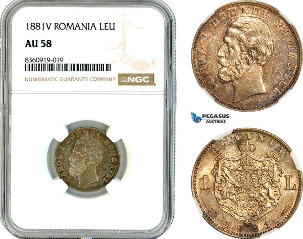 AK857, Romania, Carol I, 1 Leu 1881 V, Vienna Mint, Silver, NGC AU58