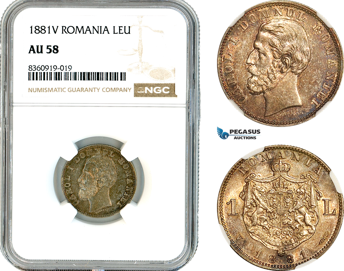 AK857, Romania, Carol I, 1 Leu 1881 V, Vienna Mint, Silver, NGC AU58