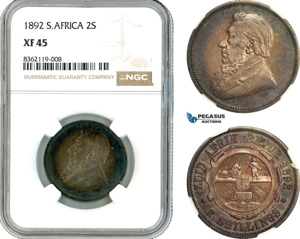 AK862, South Africa (ZAR) 2 Shillings 1892, Berlin Mint, Silver, NGC XF45