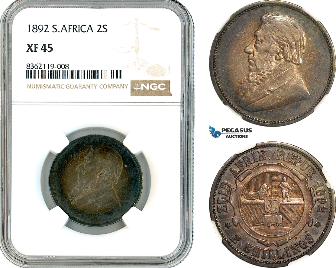 AK862, South Africa (ZAR) 2 Shillings 1892, Berlin Mint, Silver, NGC XF45