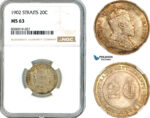 AK863, Straits Settlements, Edward VII, 20 Cents 1902, London Mint, Silver, NGC MS63