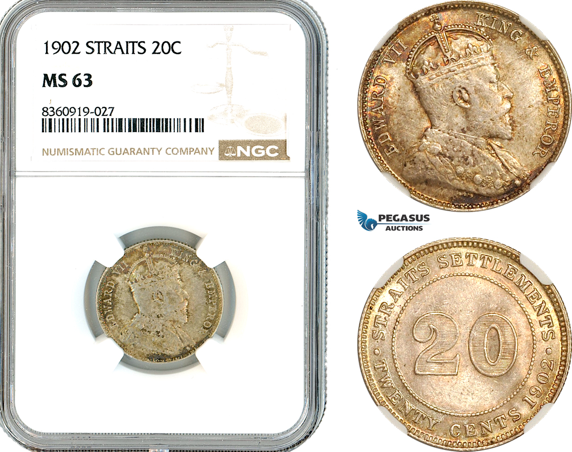 AK863, Straits Settlements, Edward VII, 20 Cents 1902, London Mint, Silver, NGC MS63