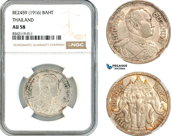 AK866, Thailand, Rama VI, 1 Baht BE2459 (1916) Silver, NGC AU58