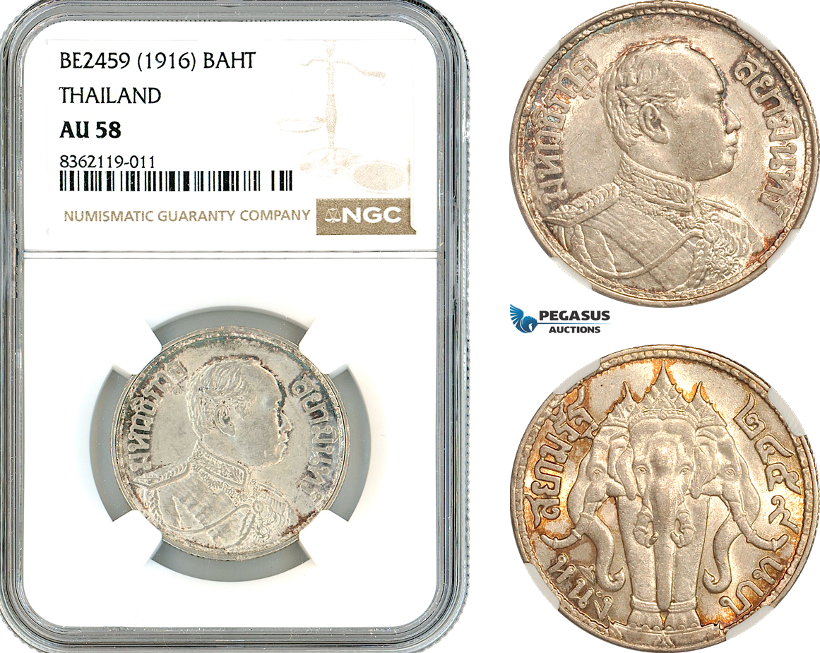 AK866, Thailand, Rama VI, 1 Baht BE2459 (1916) Silver, NGC AU58