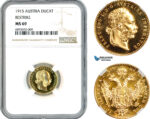 AK877, Austria, Franz Joseph, Restrike 1 Ducat 1915, Vienna Mint, Gold, NGC MS69